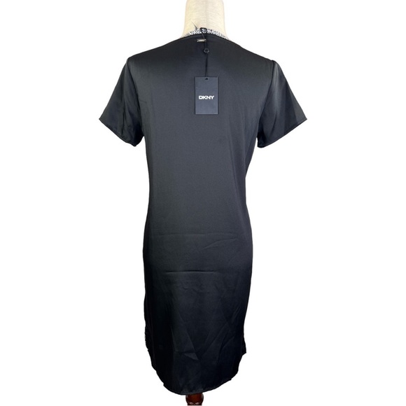 DKNY WOMAN’S IVY LACE FRINGED PULL OVER STYLE  BLACK SHORT SLEEVE DRESS SZ XS - Picture 5 of 12